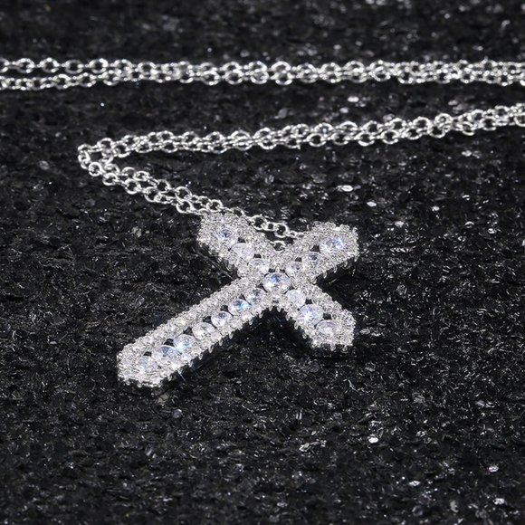 NEW Silver Round Diamond Holy Cross Necklace - Picture 3 of 8